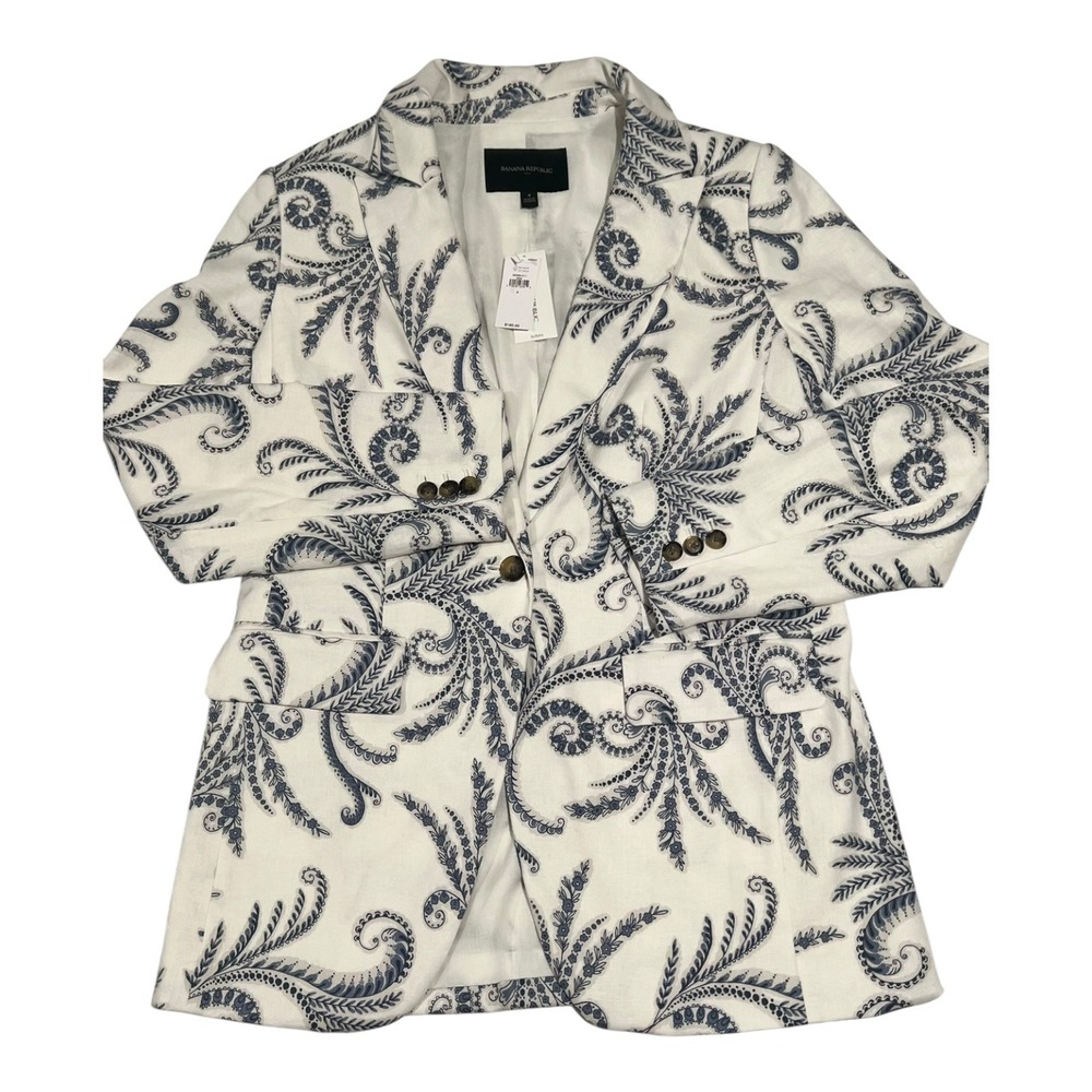 Banana Republic White & Navy Printed Blazer Jacket